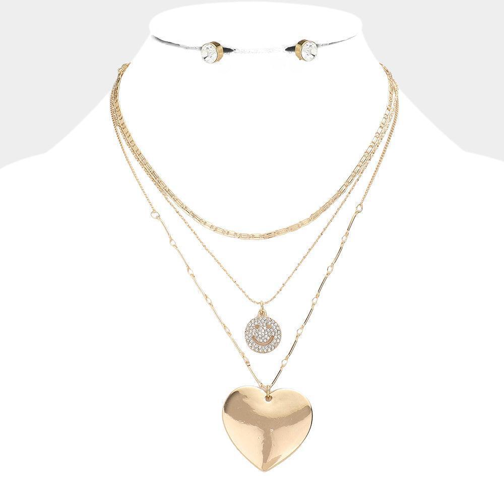 Gold 3 Piece Stone Embellished Smile Metal Heart Pendant Necklaces - Jewelry Store by Erik Rayo