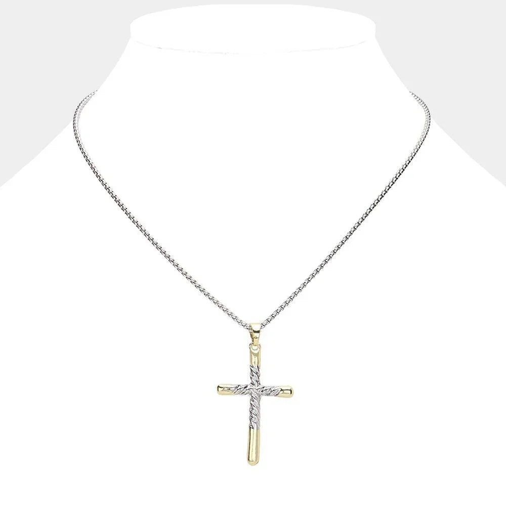 Gold 14K Gold Plated Two Tone Textured Cross Pendant Necklace - Jewelry Store by Erik Rayo