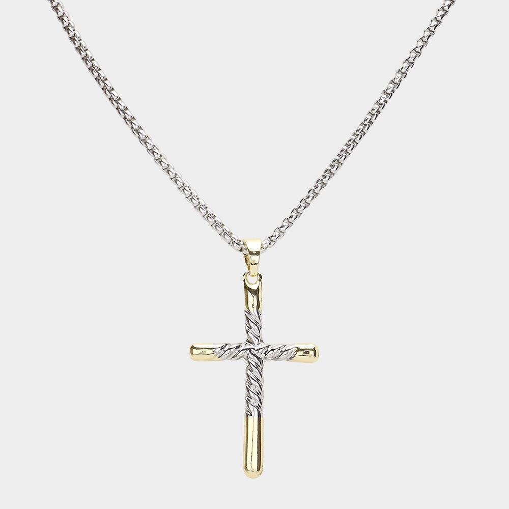 Gold 14K Gold Plated Two Tone Textured Cross Pendant Necklace - Jewelry Store by Erik Rayo