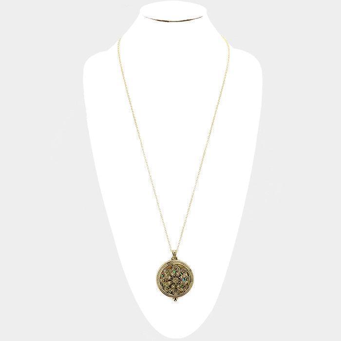 Gold Antique Patterned Magnifying Glass Locket Pendant Long Necklace - Jewelry Store by Erik Rayo