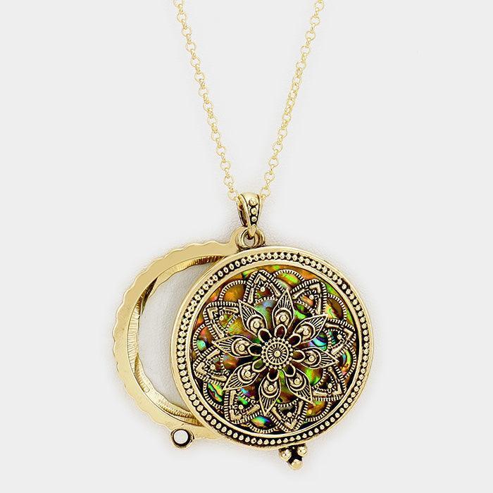 Gold Antique Patterned Magnifying Glass Locket Pendant Long Necklace - Jewelry Store by Erik Rayo