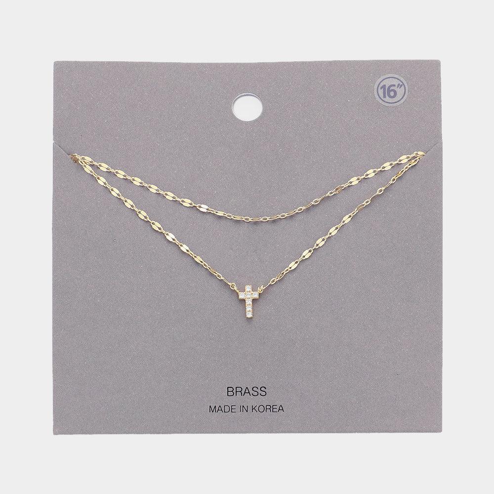 Gold Brass Metal Rhinestone Cross Pendant Double Layered Necklace - Jewelry Store by Erik Rayo