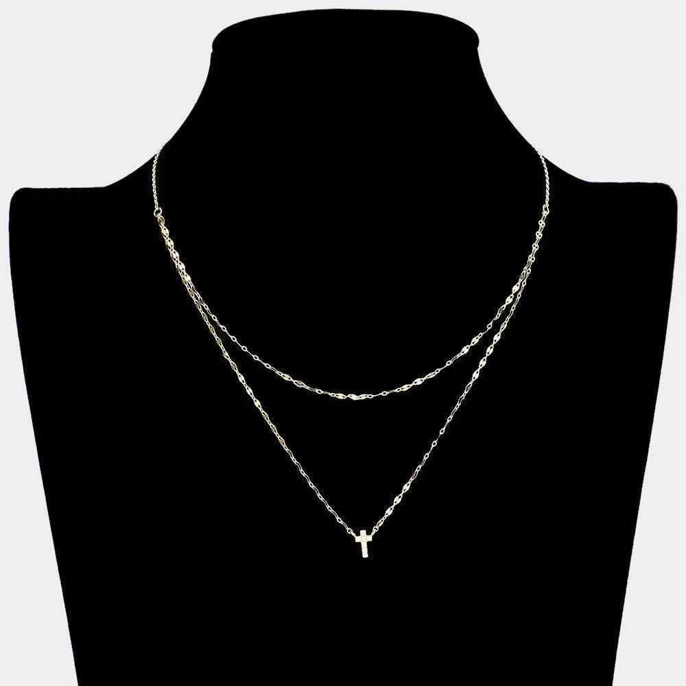 Gold Brass Metal Rhinestone Cross Pendant Double Layered Necklace - Jewelry Store by Erik Rayo