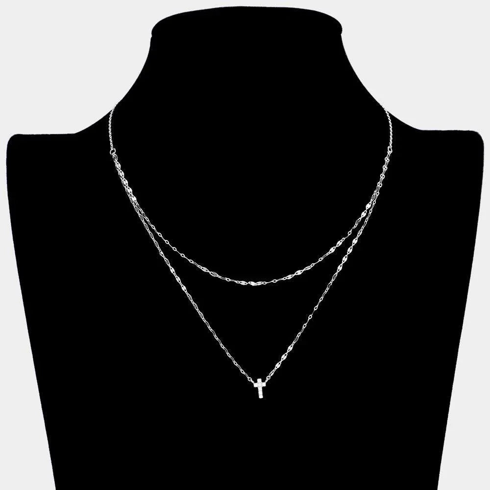 Brass Metal Rhinestone Cross Pendant Double Layered Necklace - Jewelry Store by Erik Rayo