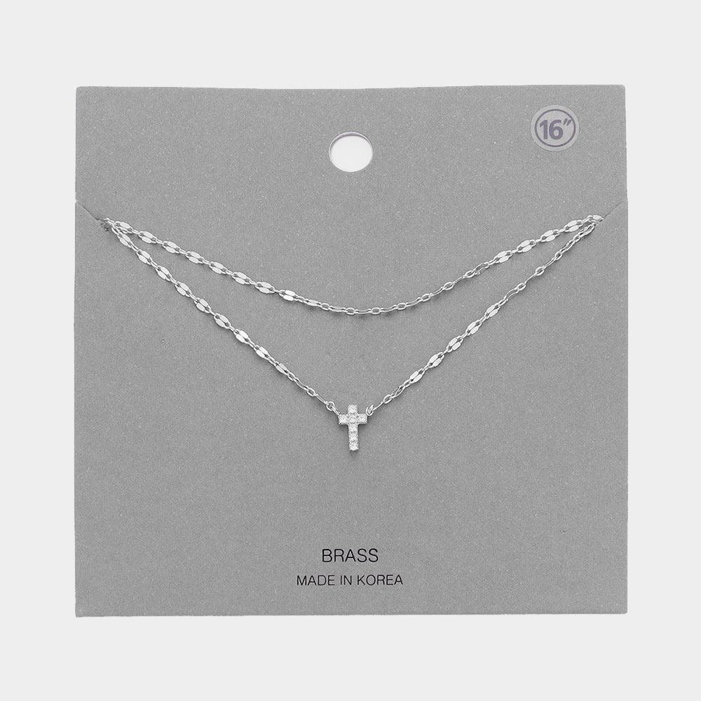 Brass Metal Rhinestone Cross Pendant Double Layered Necklace - Jewelry Store by Erik Rayo