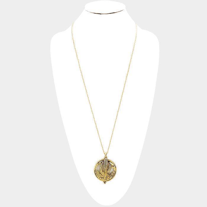 Gold Vintage Cactus Magnifying Glass Pendant Long Necklace - Jewelry Store by Erik Rayo