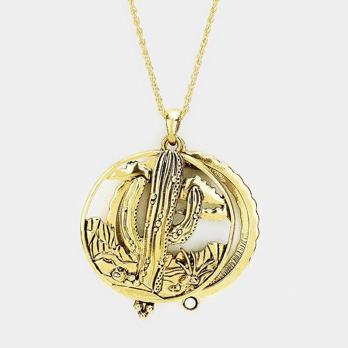 Gold Vintage Cactus Magnifying Glass Pendant Long Necklace - Jewelry Store by Erik Rayo