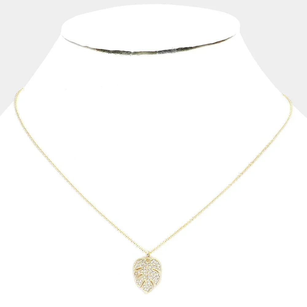 Gold Rhinestone Embellished Tropical Leaf Pendant Necklace - Jewelry Store by Erik Rayo