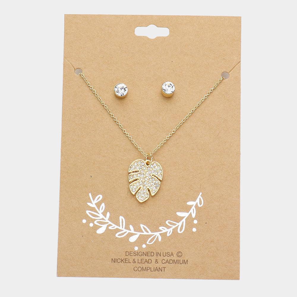 Gold Rhinestone Embellished Tropical Leaf Pendant Necklace - Jewelry Store by Erik Rayo