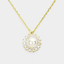 Load image into Gallery viewer, Gold Cubic Zirconia Pearl Accented Pendant Necklace
