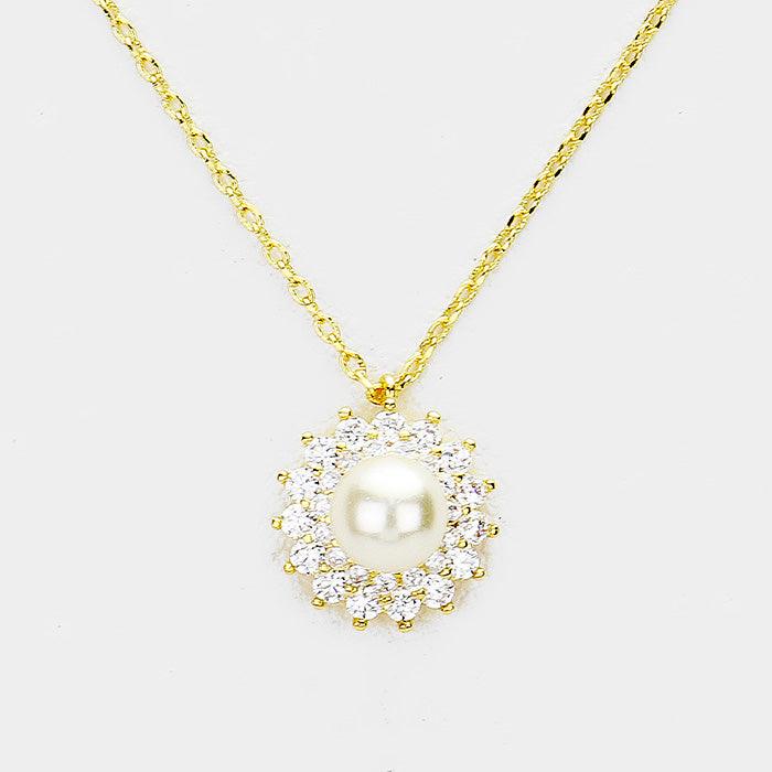 Gold Cubic Zirconia Pearl Accented Pendant Necklace