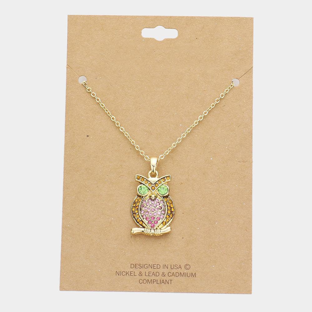 Gold Rhinestone Embellished Owl Pendant Necklace - Jewelry Store by Erik Rayo