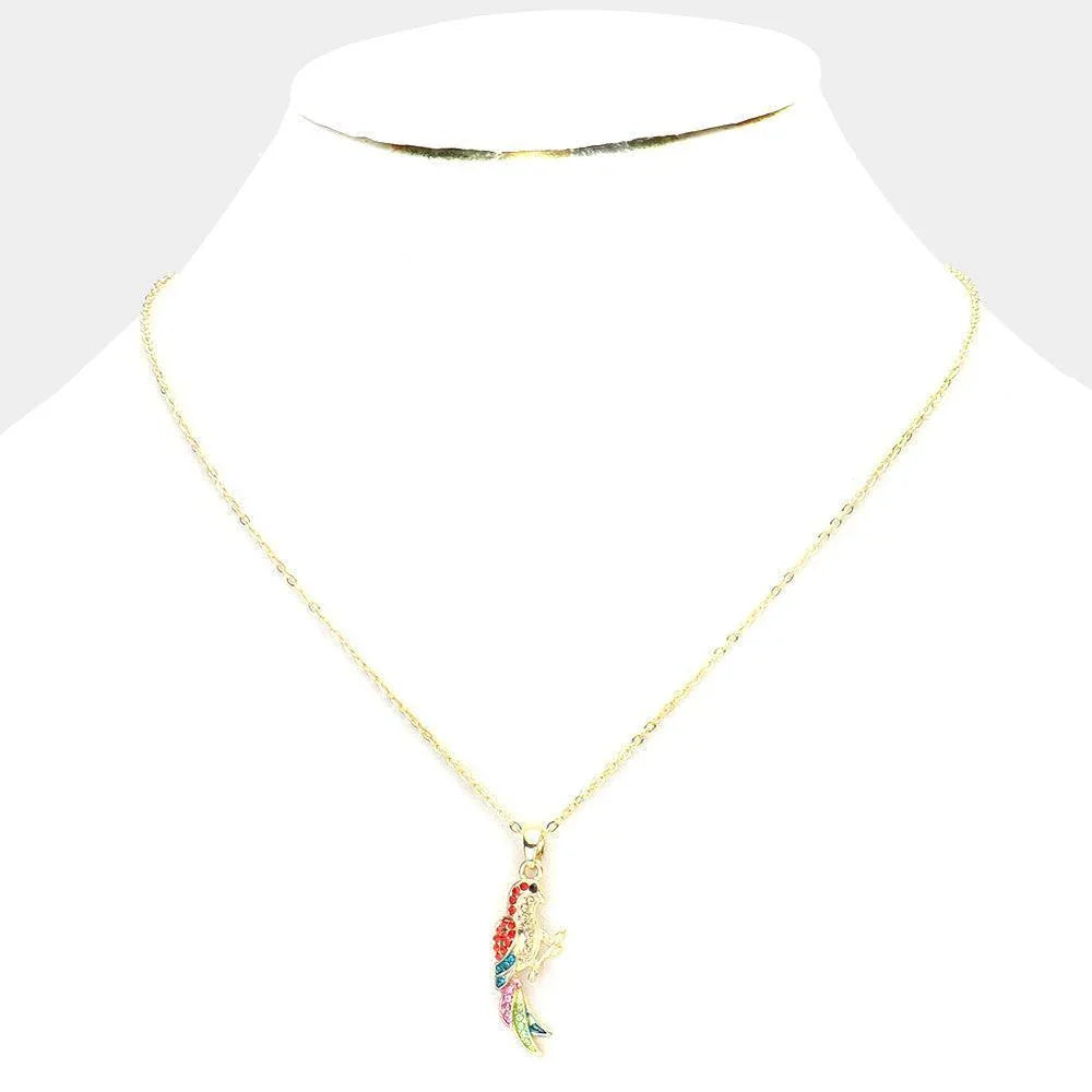 Gold Rhinestone Embellished Parrot Pendant Necklace - Jewelry Store by Erik Rayo