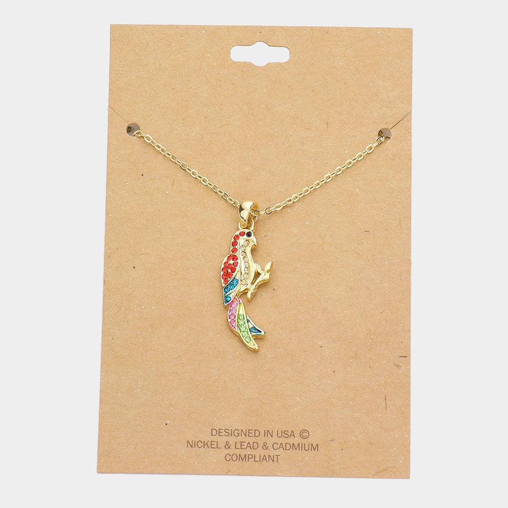 Gold Rhinestone Embellished Parrot Pendant Necklace - Jewelry Store by Erik Rayo