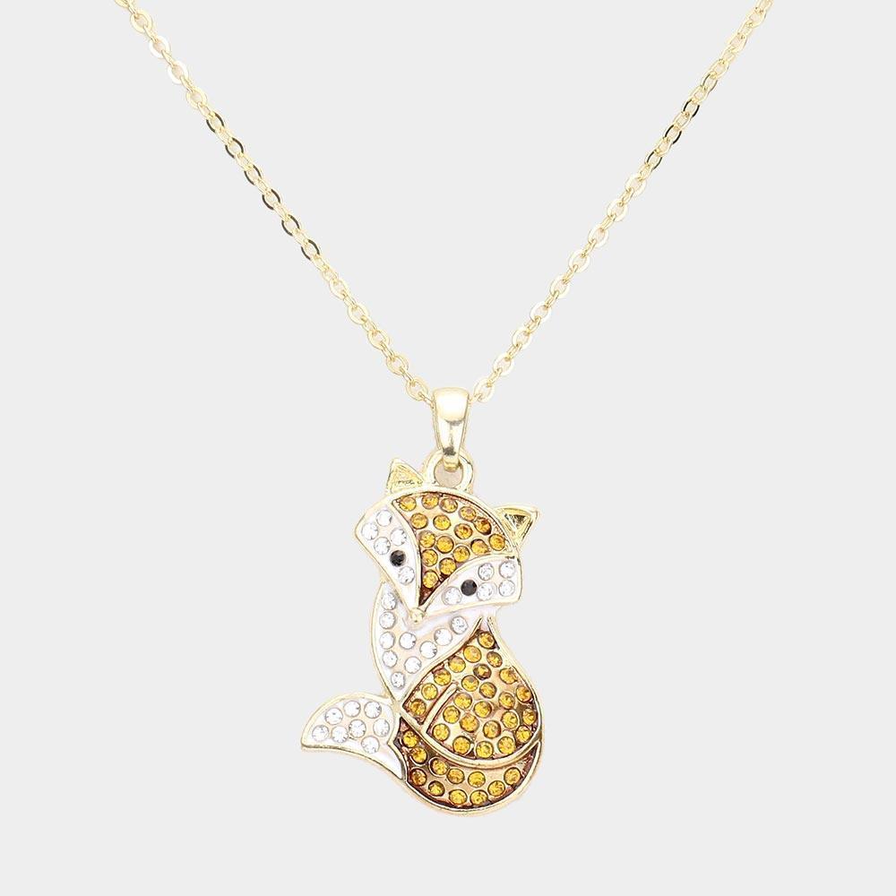 Gold Rhinestone Embellished Metal Fox Pendant Necklace - Jewelry Store by Erik Rayo