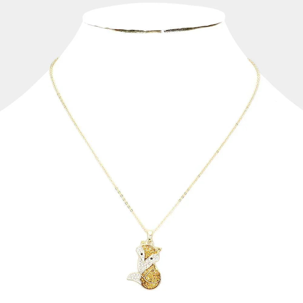 Gold Rhinestone Embellished Metal Fox Pendant Necklace - Jewelry Store by Erik Rayo