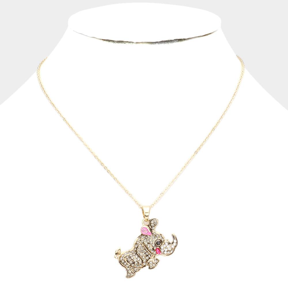 Gold Rhinestone Embellished Rhinoceros Pendant Necklace - Jewelry Store by Erik Rayo