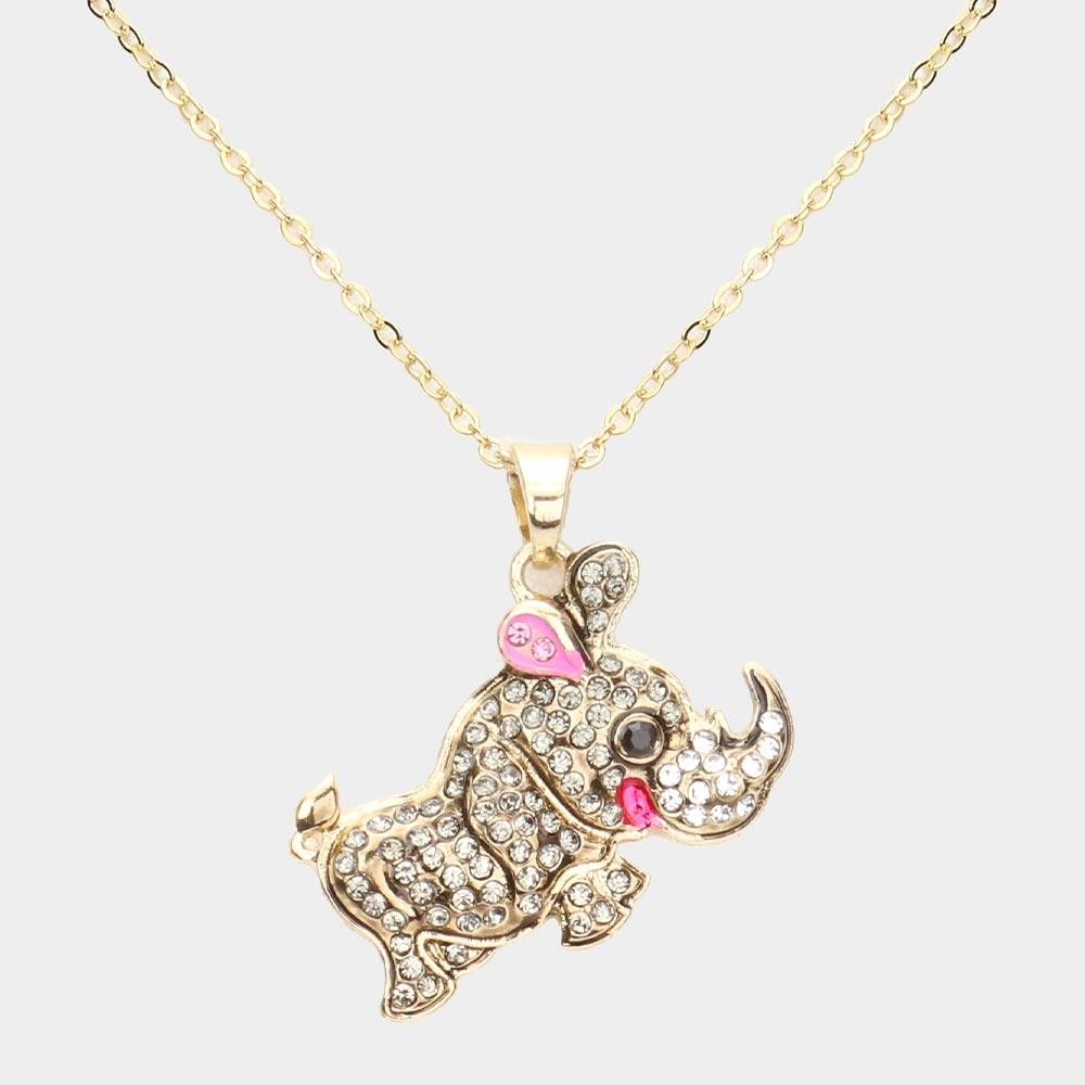 Gold Rhinestone Embellished Rhinoceros Pendant Necklace - Jewelry Store by Erik Rayo