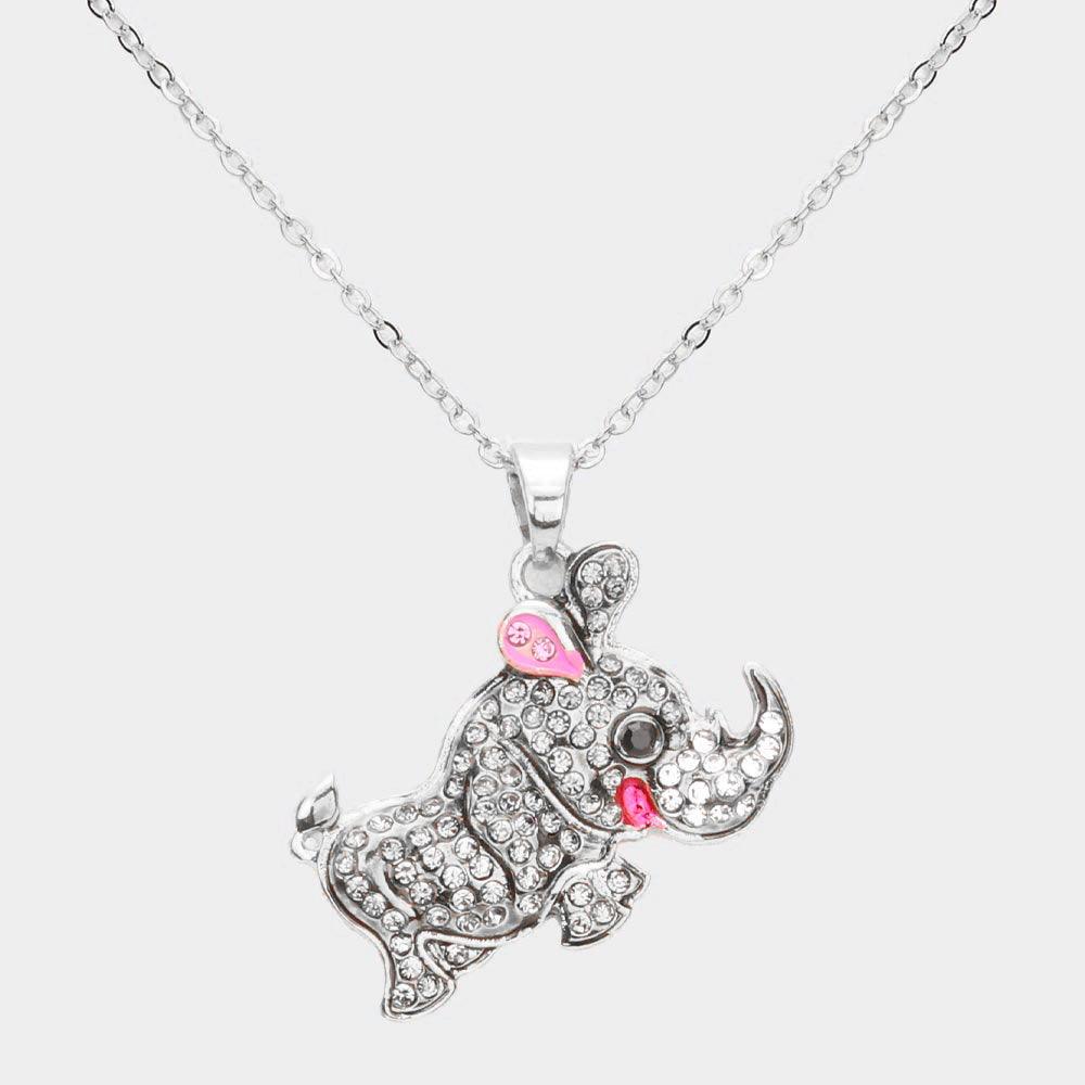 Rhinestone Embellished Rhinoceros Pendant Necklace - Jewelry Store by Erik Rayo