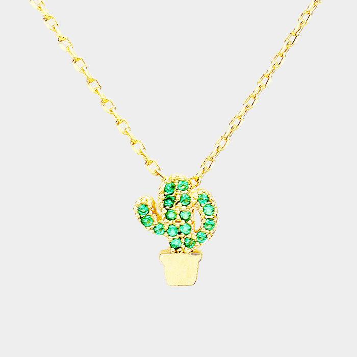 Gold Cactus Cubic Zirconia Pave Pendant Necklace