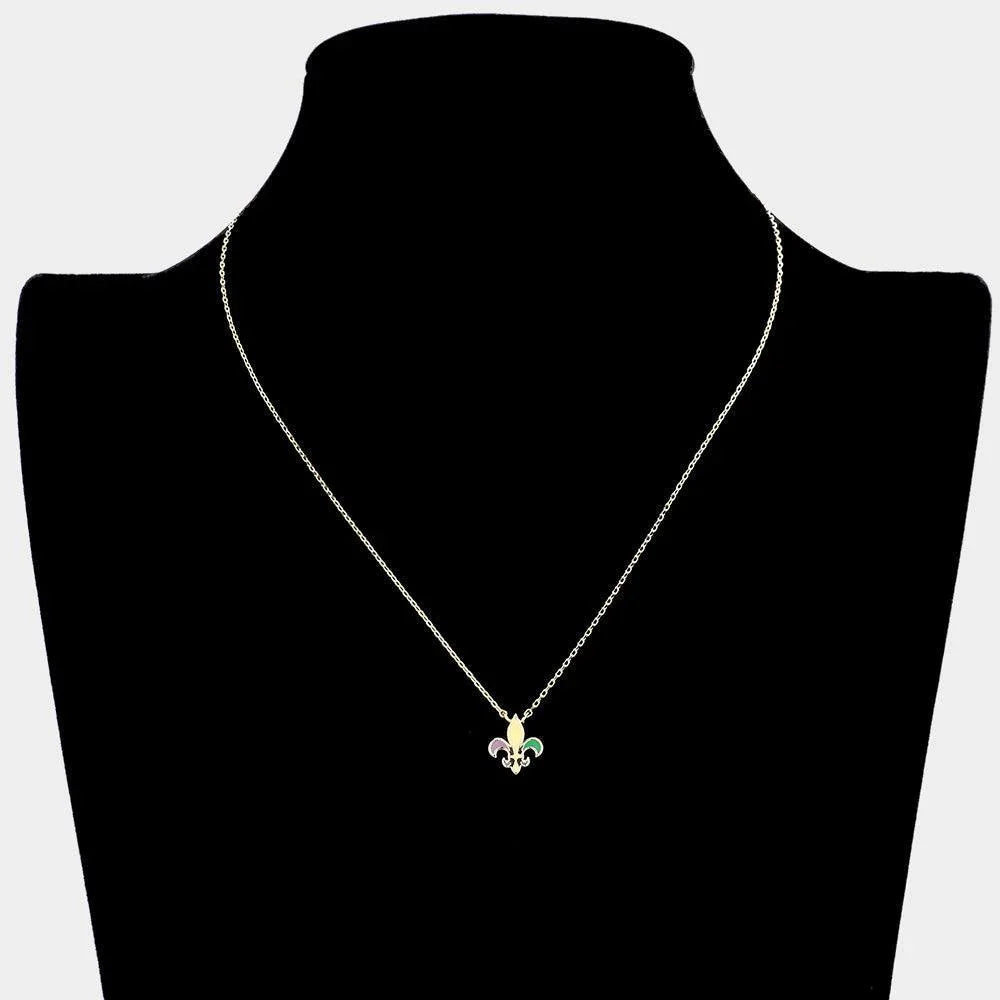 Gold Mardi Gras Brass Metal Enamel Fleur de Lis Pendant Necklace - Jewelry Store by Erik Rayo
