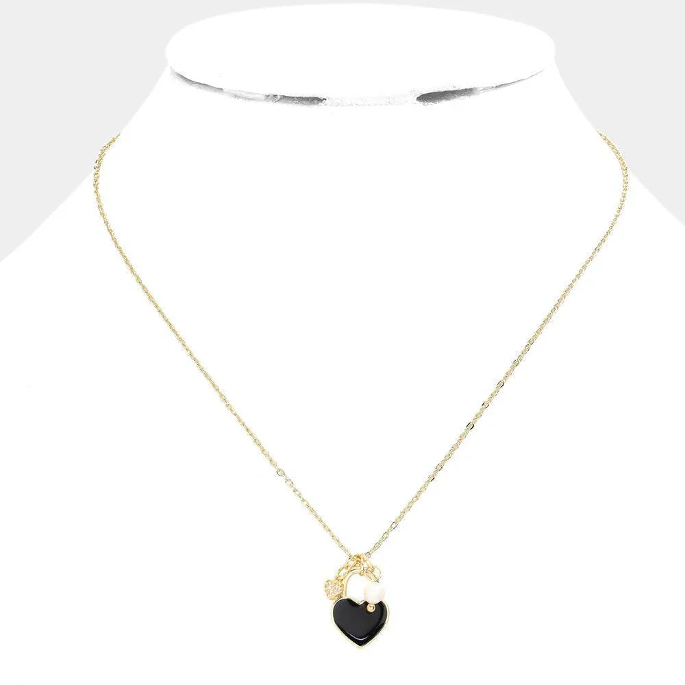 Black Enamel Heart Pearl Pendant Necklace - Jewelry Store by Erik Rayo