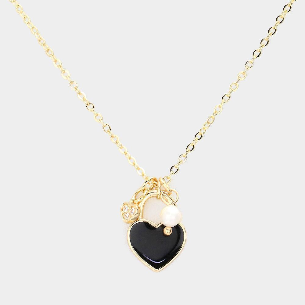 Black Enamel Heart Pearl Pendant Necklace - Jewelry Store by Erik Rayo