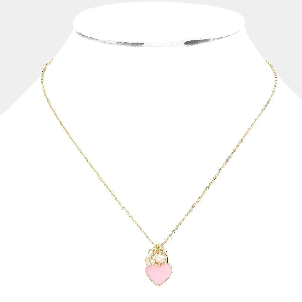 Pink Enamel Heart Pearl Pendant Necklace - Jewelry Store by Erik Rayo