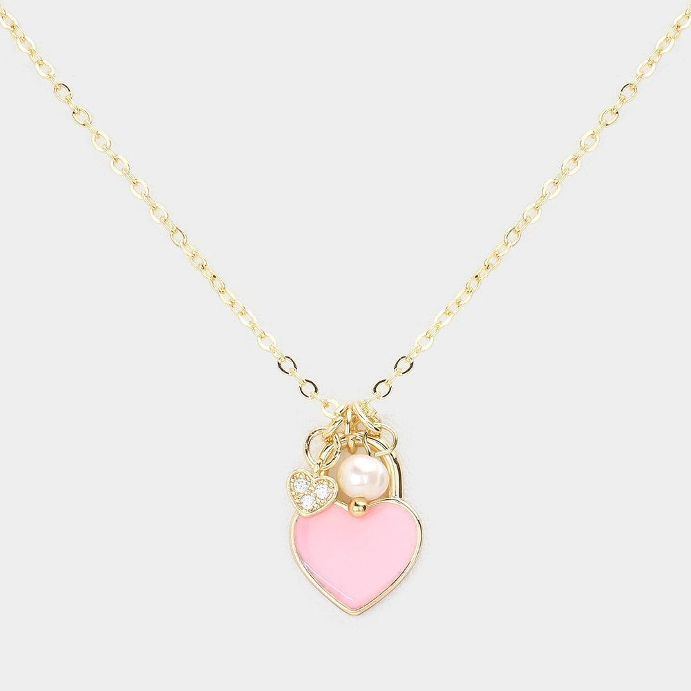 Pink Enamel Heart Pearl Pendant Necklace - Jewelry Store by Erik Rayo