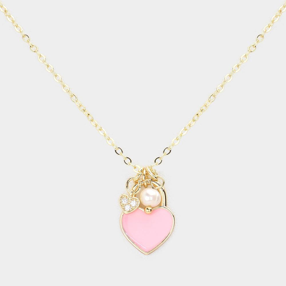 Pink Enamel Heart Pearl Pendant Necklace