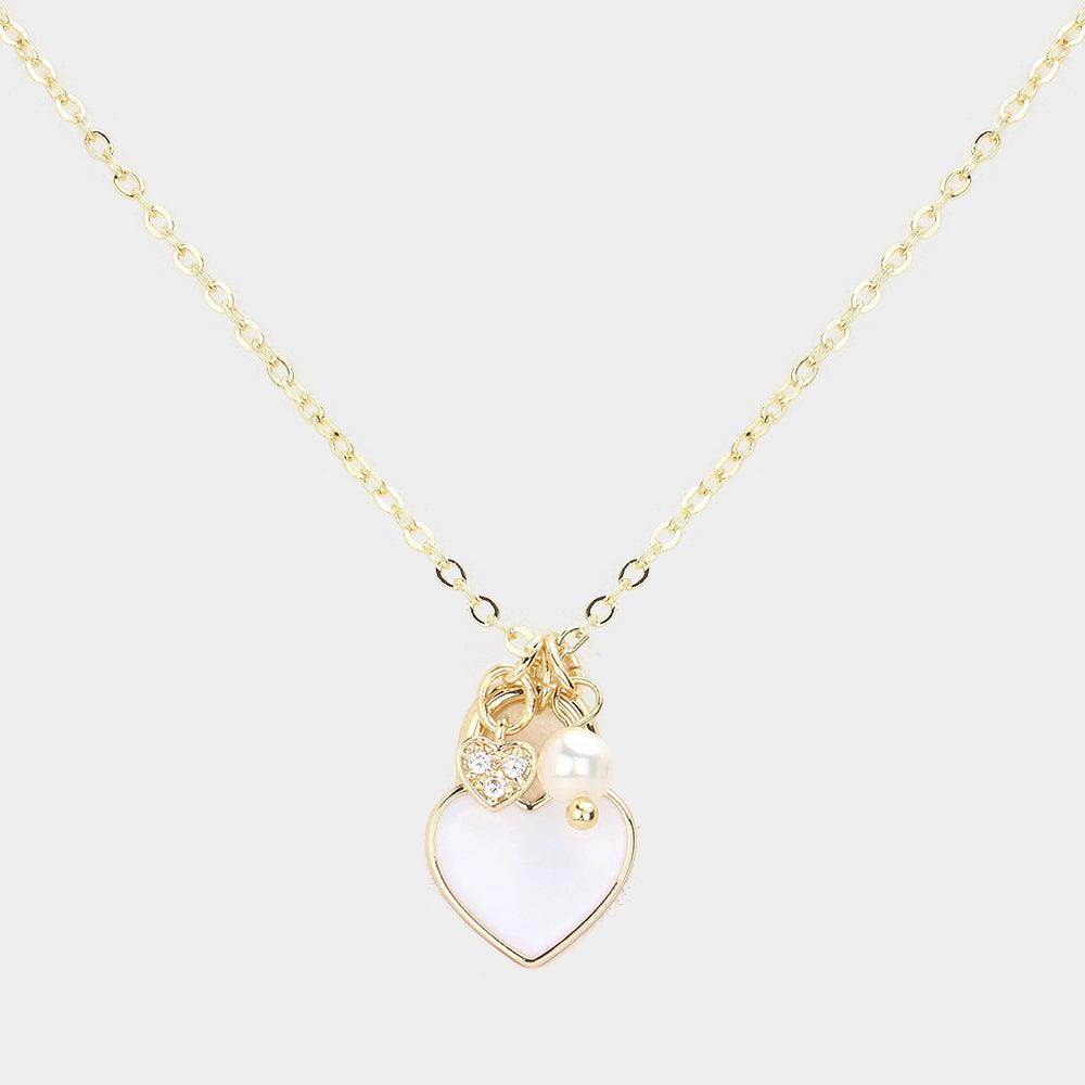 White Enamel Heart Pearl Pendant Necklace