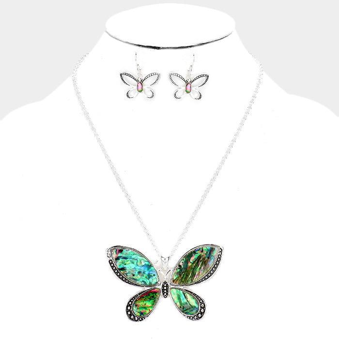 Silver Antique Abalone Butterfly Pendant Necklace