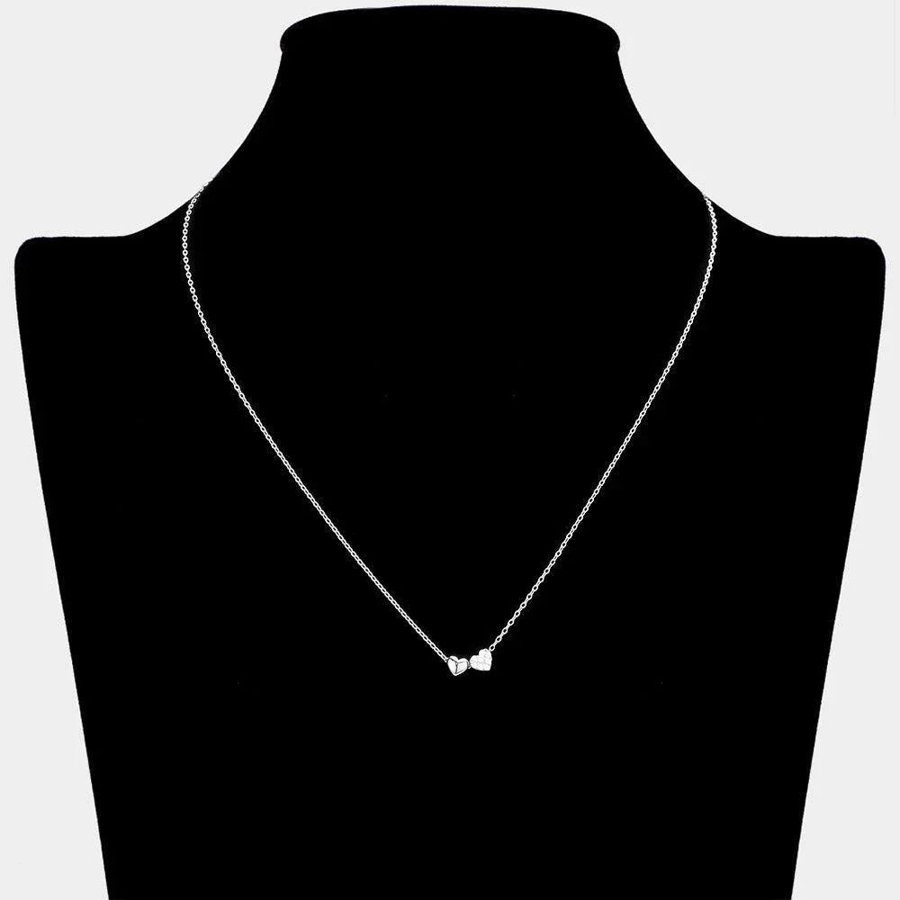 Brass Metal Rhinestone Embellished Double Heart Pendant Necklace - Jewelry Store by Erik Rayo