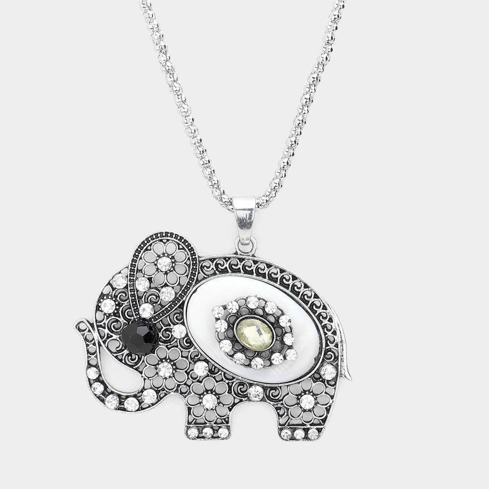 White Stone Embellished Elephant Pendant Necklace - Jewelry Store by Erik Rayo