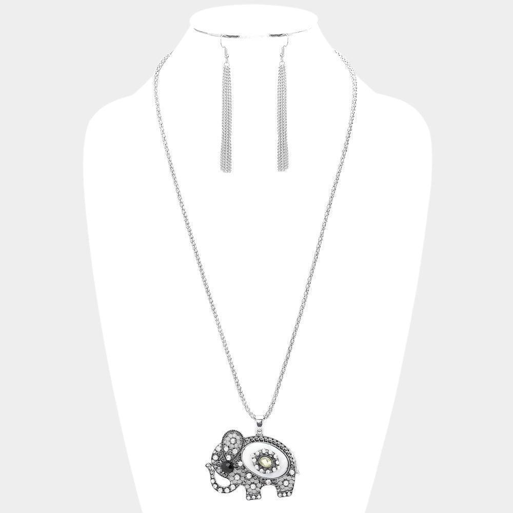 White Stone Embellished Elephant Pendant Necklace - Jewelry Store by Erik Rayo