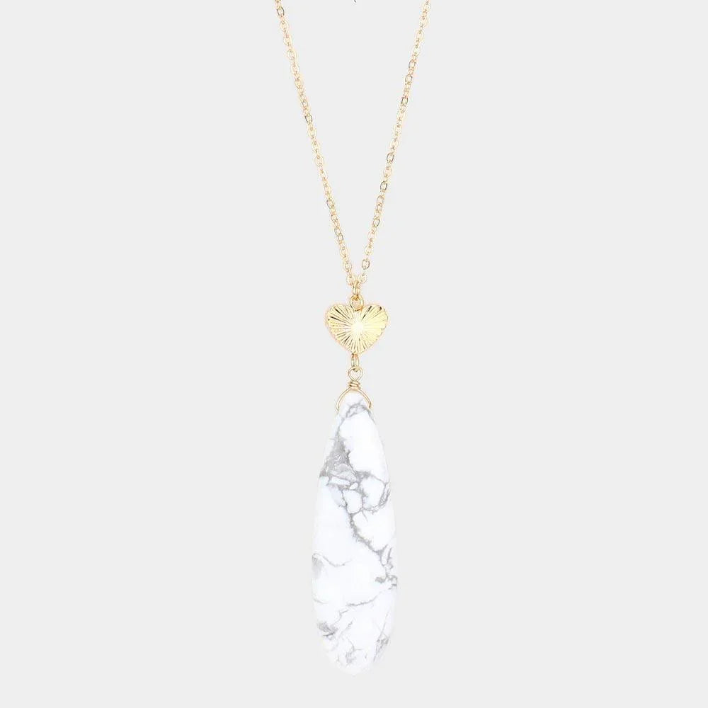 Metal Heart Teardrop Natural Stone Link Pendant Long Necklace - Jewelry Store by Erik Rayo