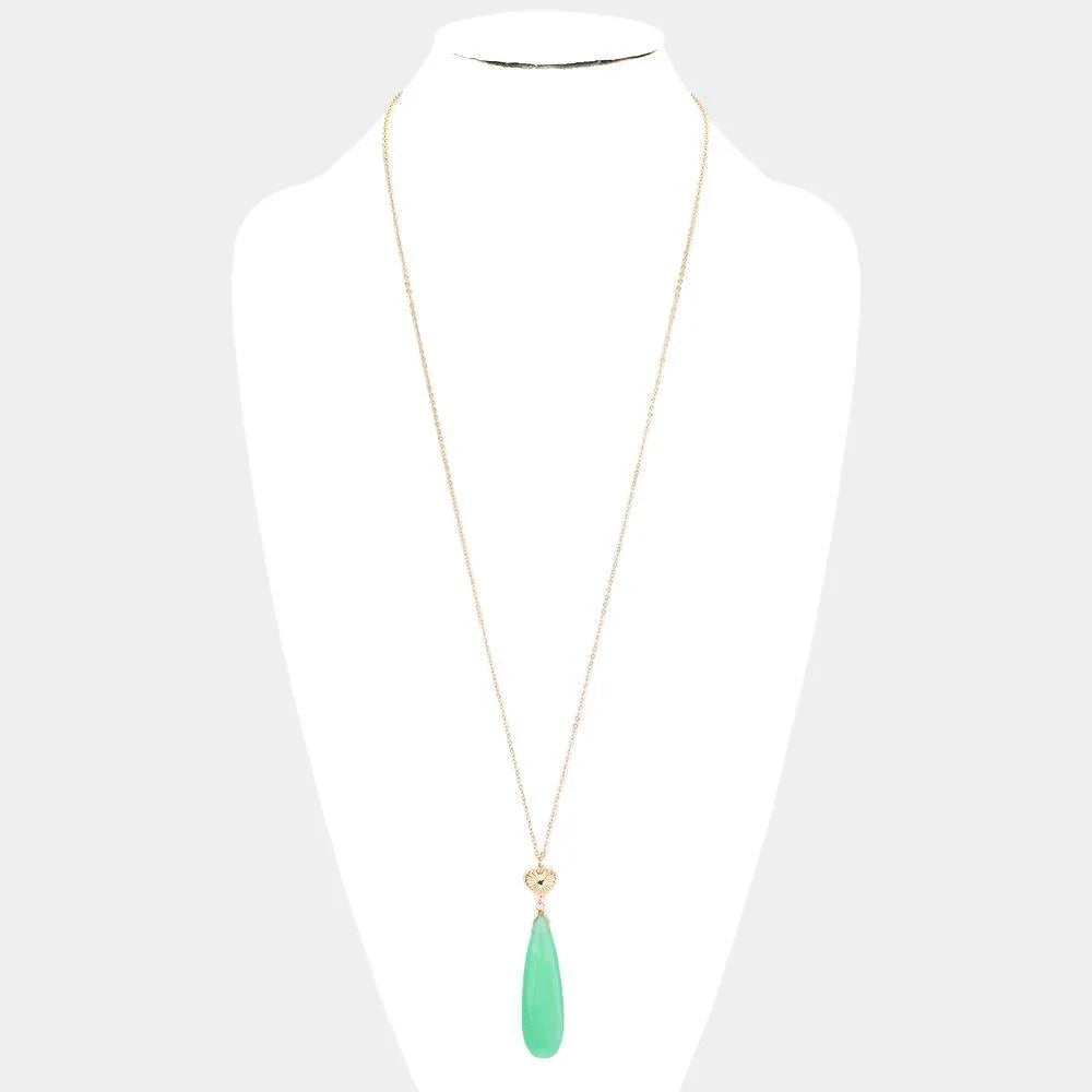 Green Metal Heart Teardrop Natural Stone Link Pendant Long Necklace - Jewelry Store by Erik Rayo