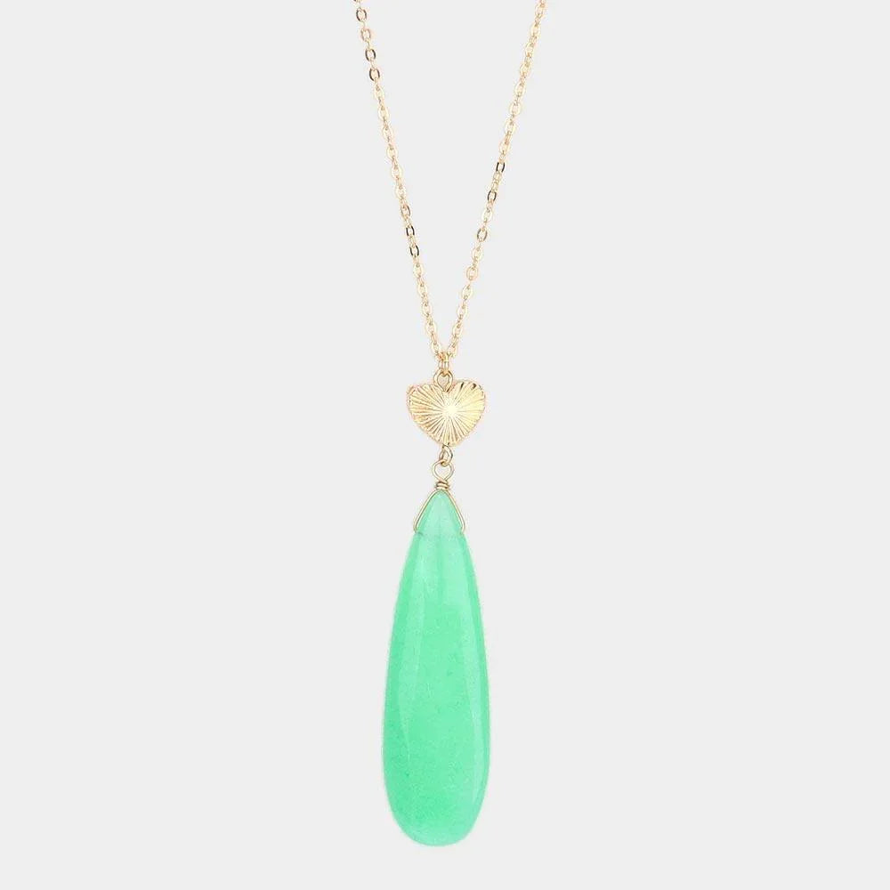 Green Metal Heart Teardrop Natural Stone Link Pendant Long Necklace - Jewelry Store by Erik Rayo