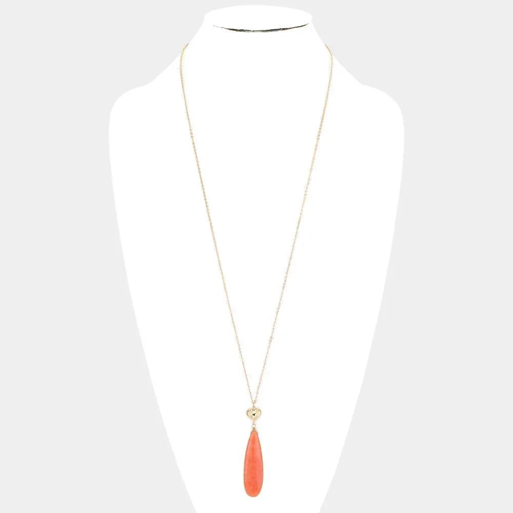 Peach Metal Heart Teardrop Natural Stone Link Pendant Long Necklace - Jewelry Store by Erik Rayo