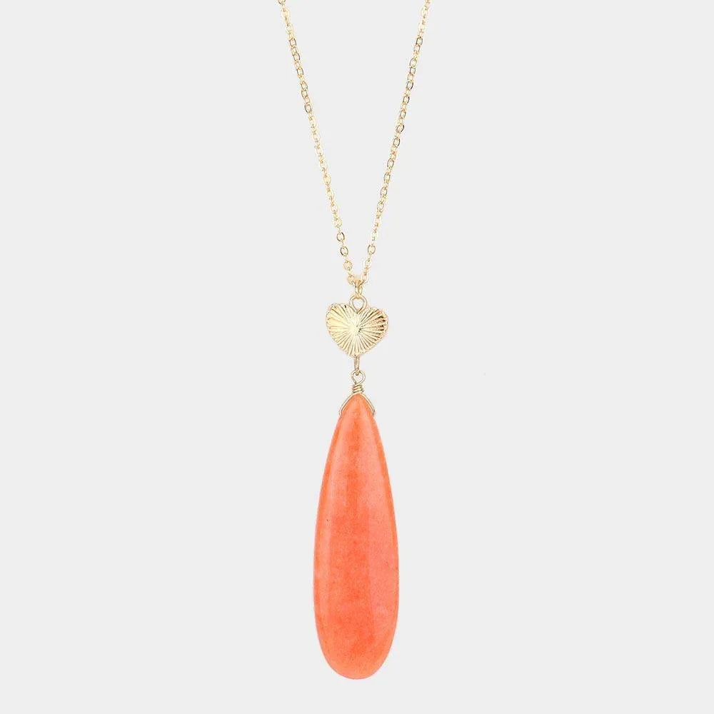 Peach Metal Heart Teardrop Natural Stone Link Pendant Long Necklace - Jewelry Store by Erik Rayo