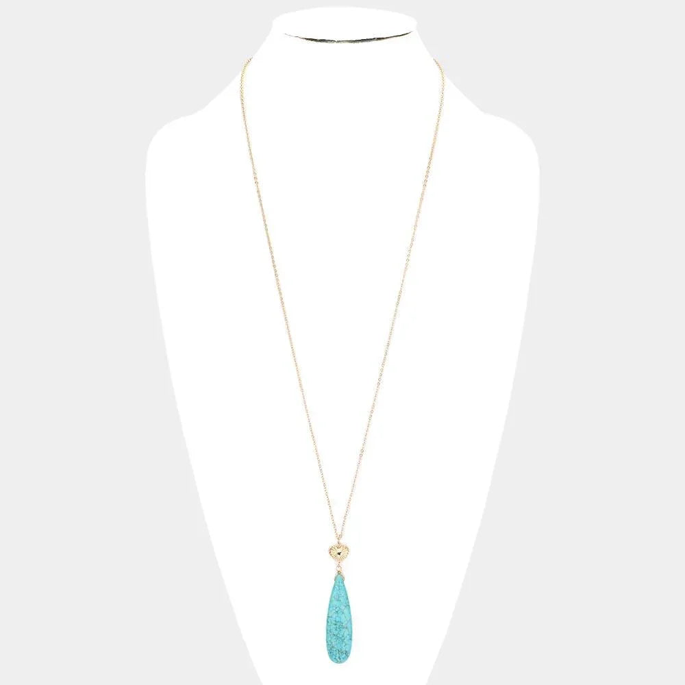 Turquoise Metal Heart Teardrop Natural Stone Link Pendant Long Necklace - Jewelry Store by Erik Rayo