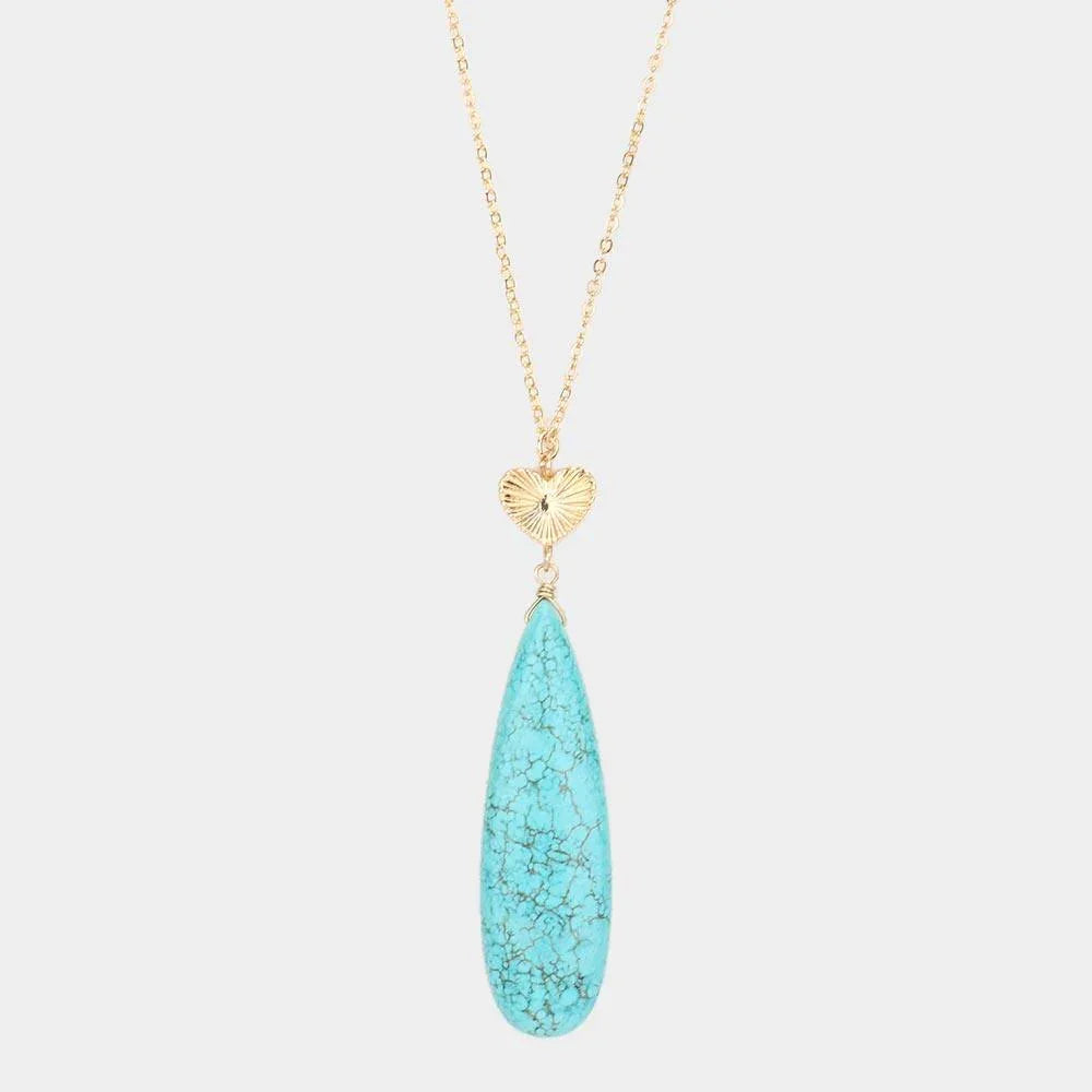 Turquoise Metal Heart Teardrop Natural Stone Link Pendant Long Necklace - Jewelry Store by Erik Rayo