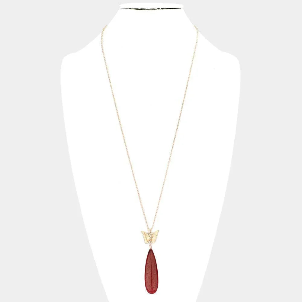 Butterfly Natural Stone Teardrop Link Pendant Long Necklace - Jewelry Store by Erik Rayo