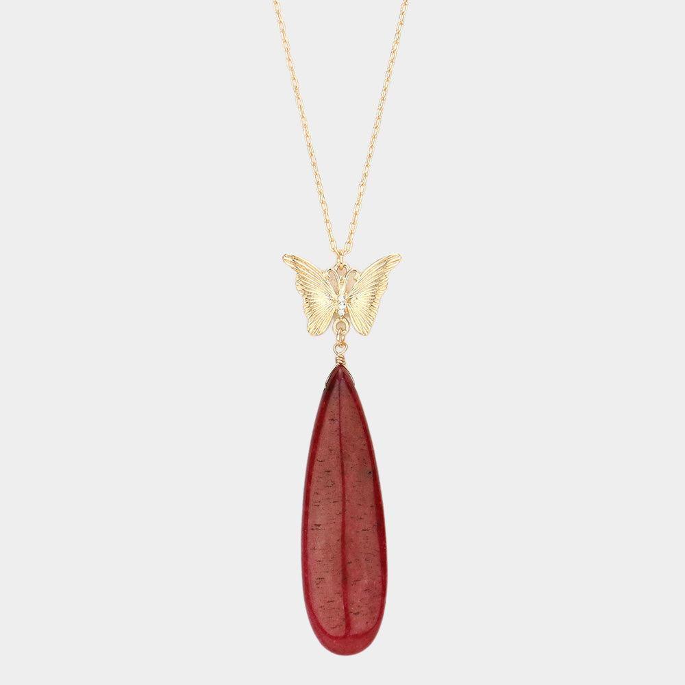 Butterfly Natural Stone Teardrop Link Pendant Long Necklace - Jewelry Store by Erik Rayo