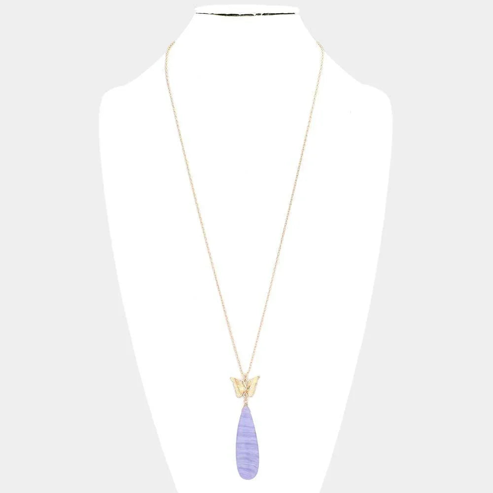 Blue Butterfly Natural Stone Teardrop Link Pendant Long Necklace - Jewelry Store by Erik Rayo