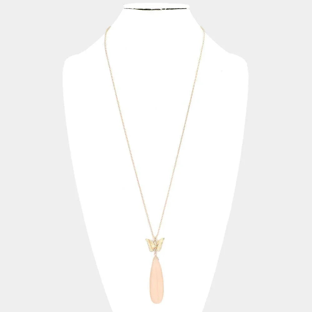 Pink Butterfly Natural Stone Teardrop Link Pendant Long Necklace - Jewelry Store by Erik Rayo