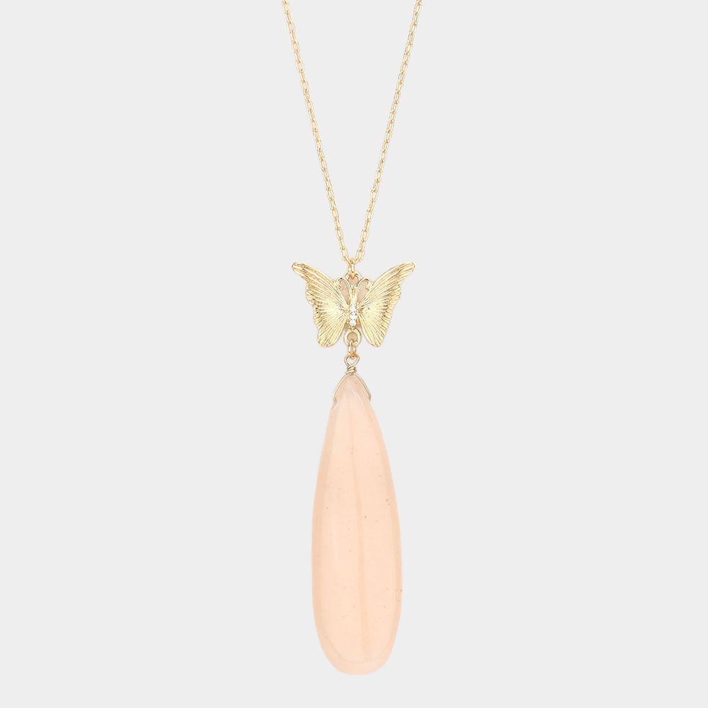 Pink Butterfly Natural Stone Teardrop Link Pendant Long Necklace - Jewelry Store by Erik Rayo