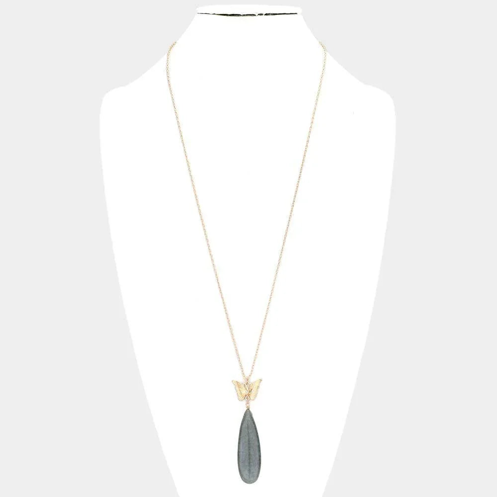 Silver Butterfly Natural Stone Teardrop Link Pendant Long Necklace - Jewelry Store by Erik Rayo
