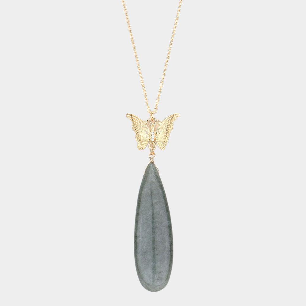 Silver Butterfly Natural Stone Teardrop Link Pendant Long Necklace - Jewelry Store by Erik Rayo