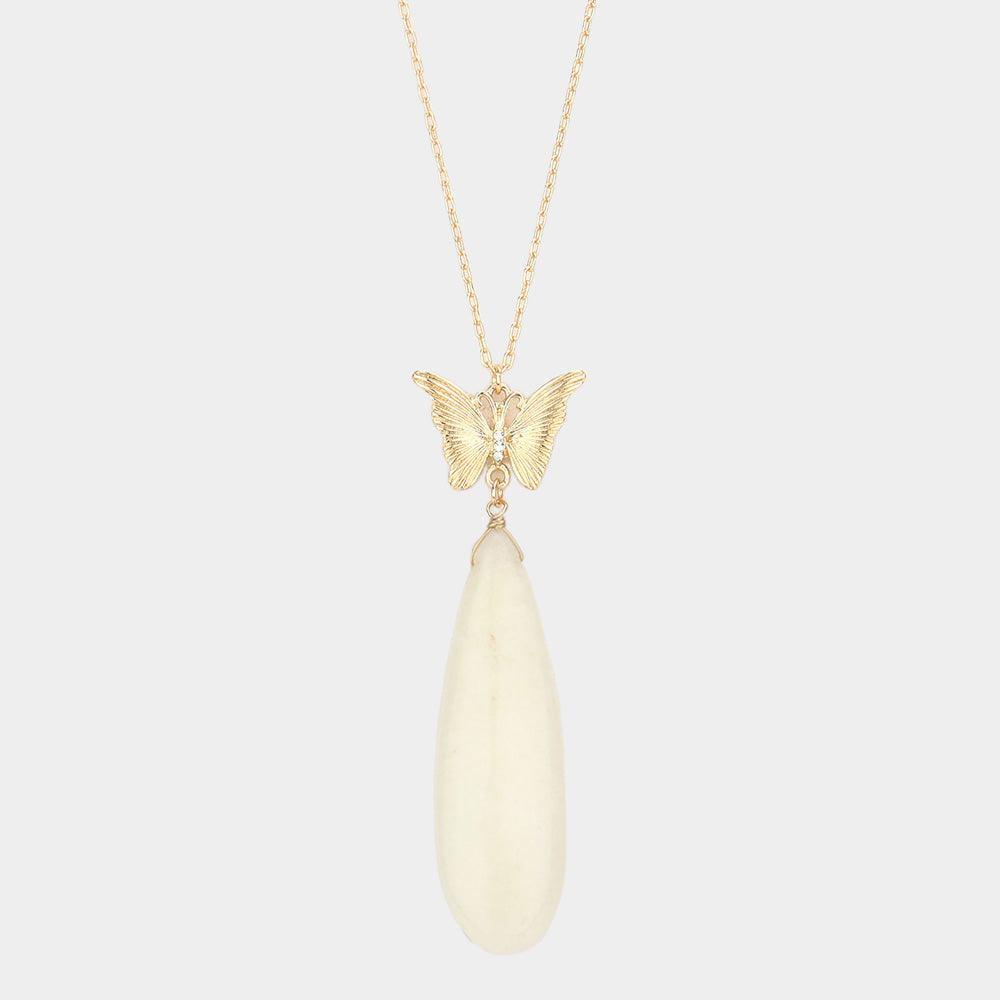 Ivory Butterfly Natural Stone Teardrop Link Pendant Long Necklace - Jewelry Store by Erik Rayo